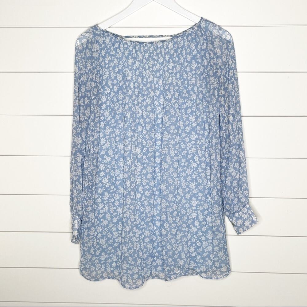 Kimchi Blue Floral Print Pleated Long Sleeve Sheer Tunic Dress Blue White Small